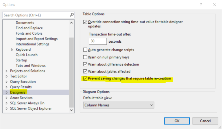 SQL Server Saving changes is not permitted sorunu - AdminGuide.Info